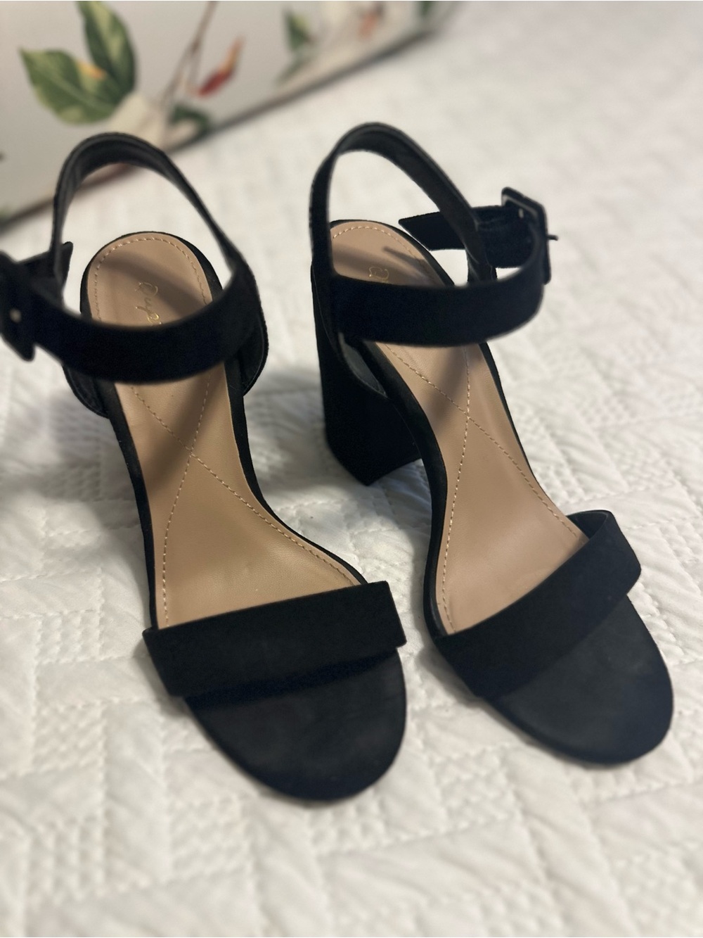 Qupid Black Suede Block Heel Ankle Strap Sandals